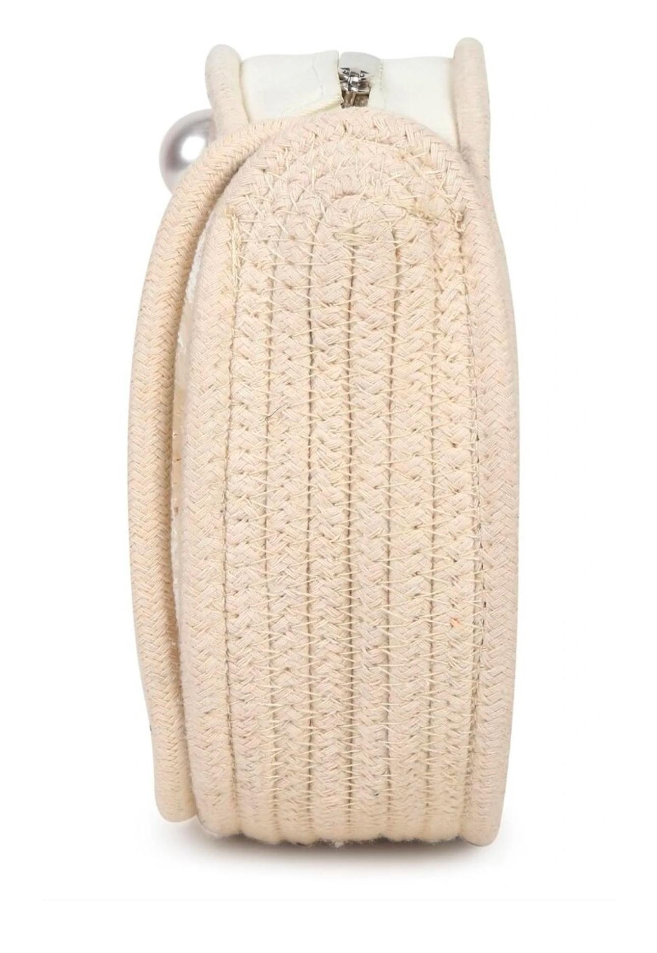 Round beige jute shoulder bag – Sunflower; pearl pattern