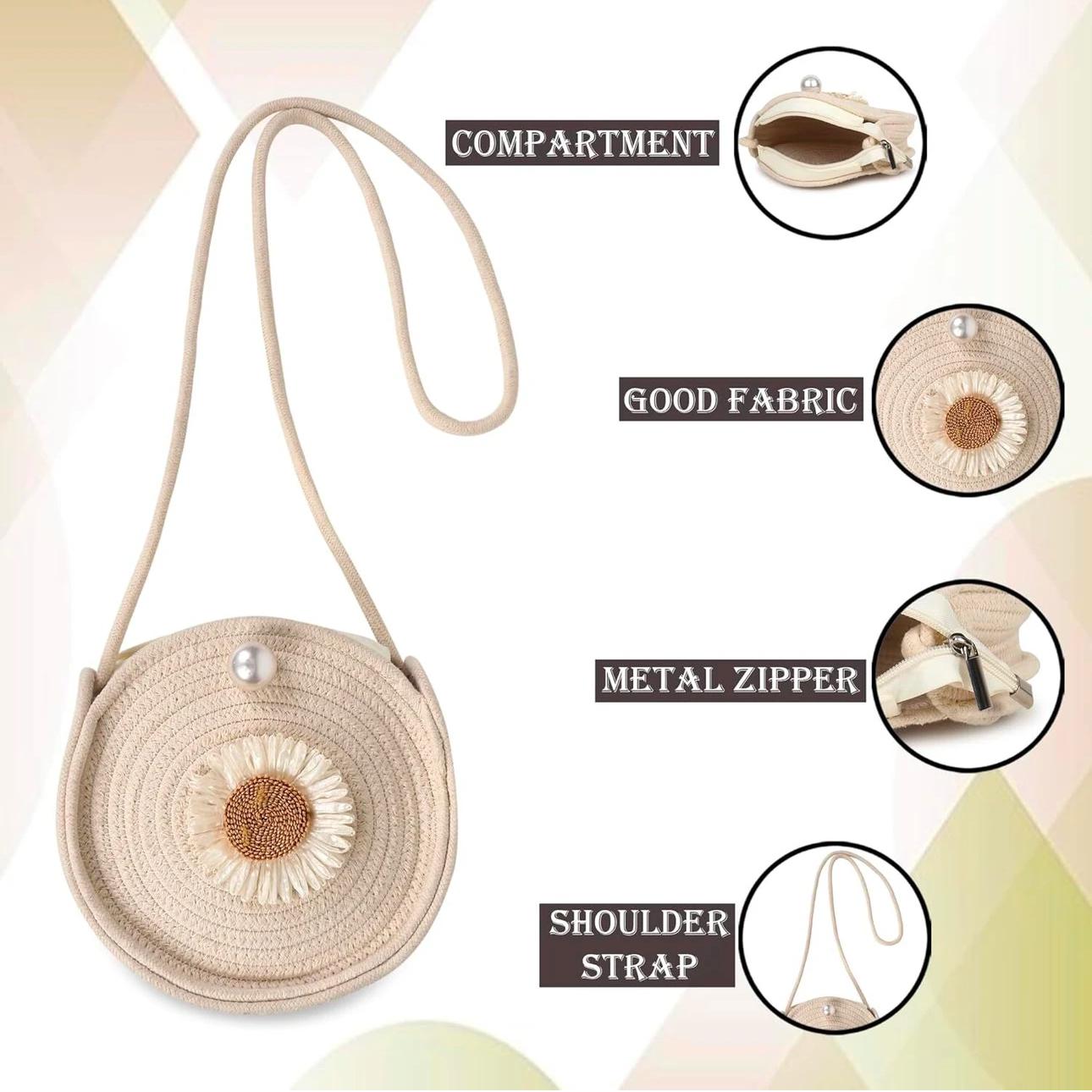 Round beige jute shoulder bag – Sunflower; pearl pattern