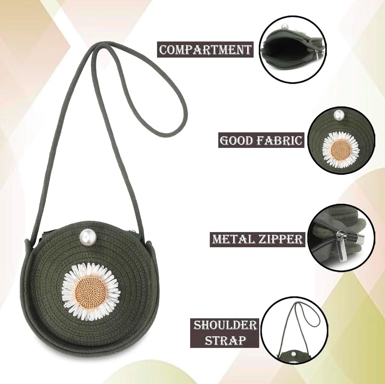 Round Jute Shoulder Bag – Green & Floral Details
