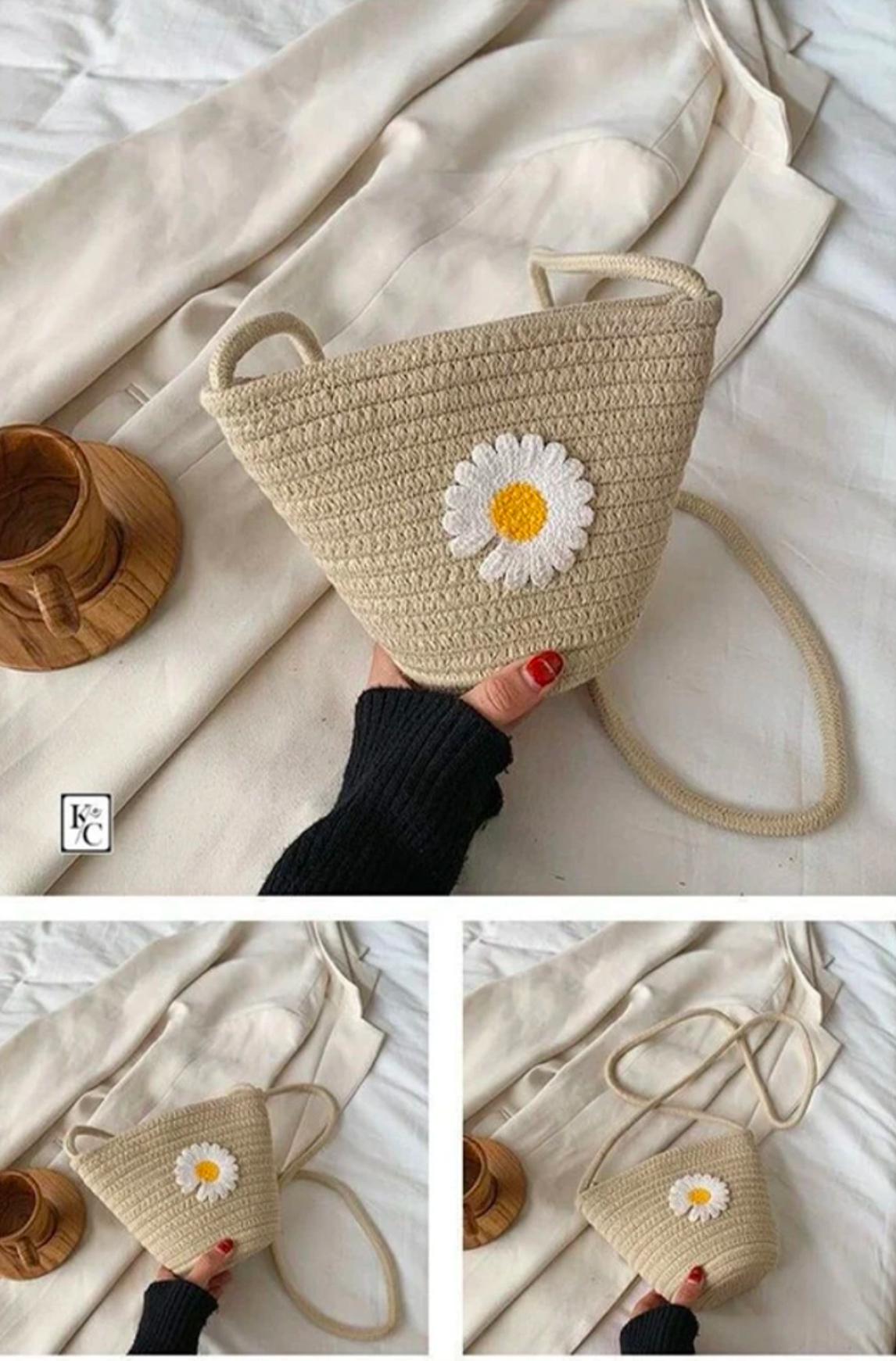 Jute Shoulder Bag – Beige ; Floral Details
