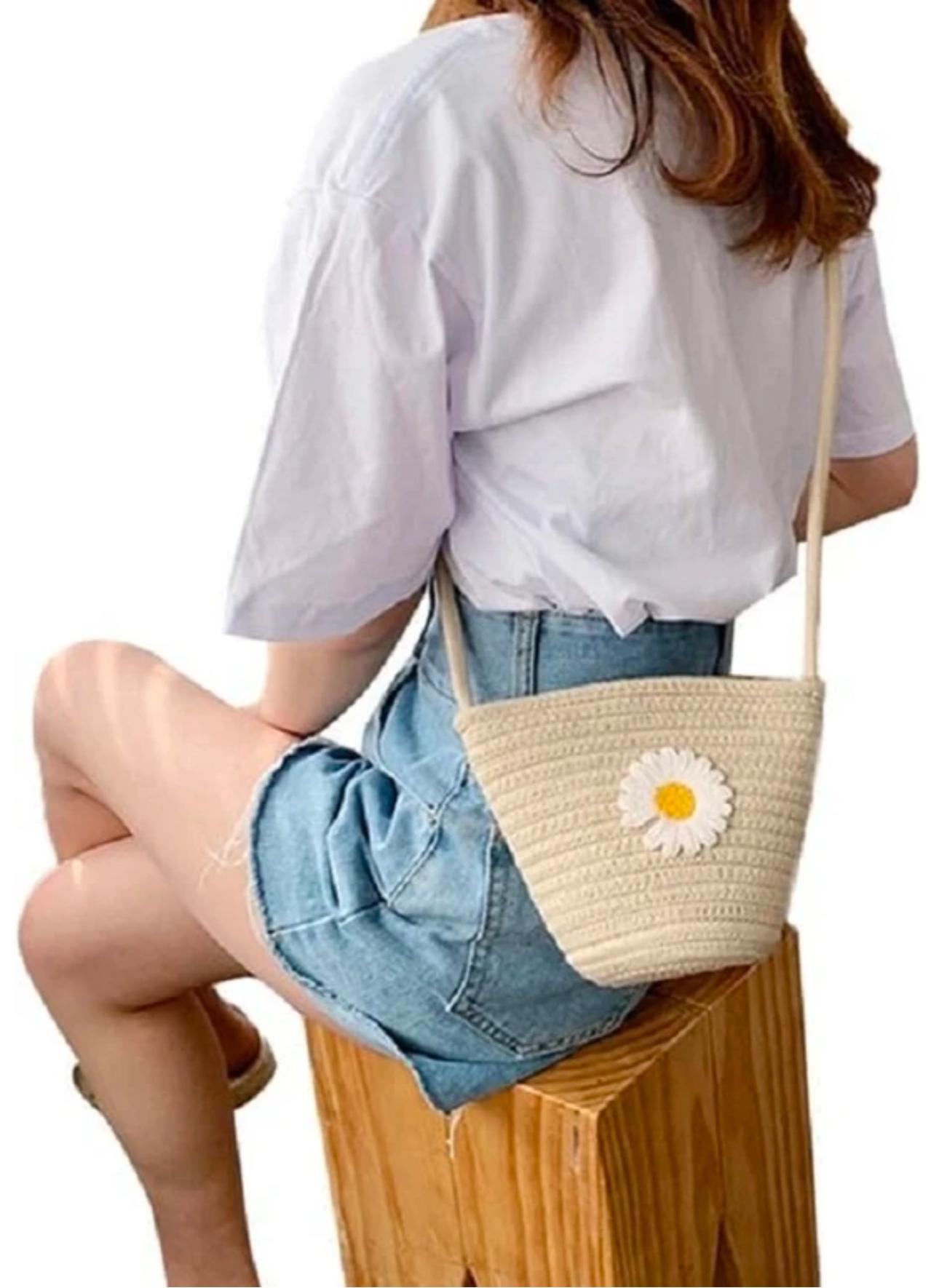 Jute Shoulder Bag – Beige ; Floral Details