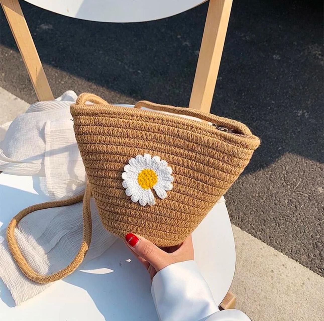 Jute Shoulder Bag – Brown; Floral Details