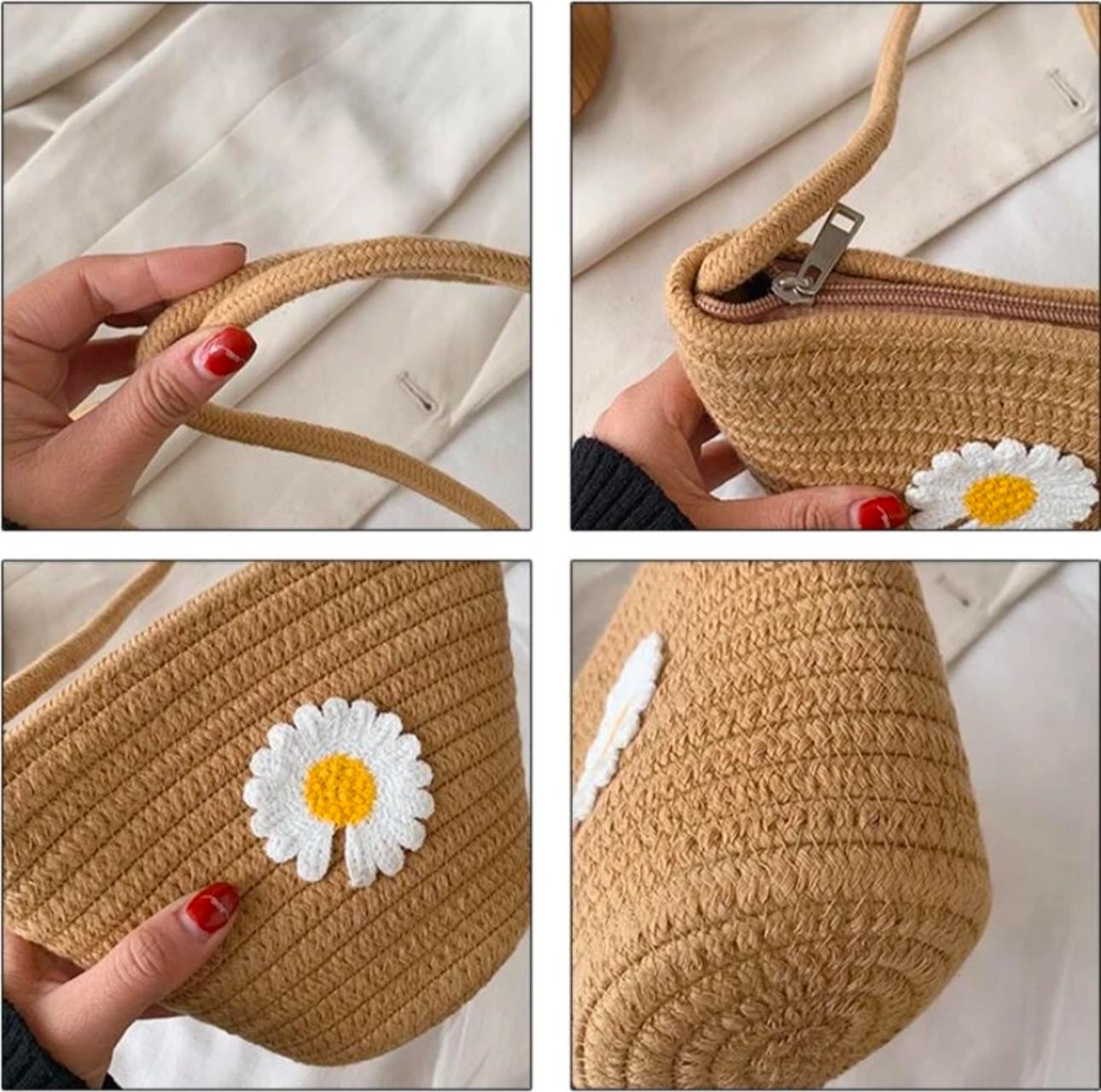 Jute Shoulder Bag – Brown; Floral Details