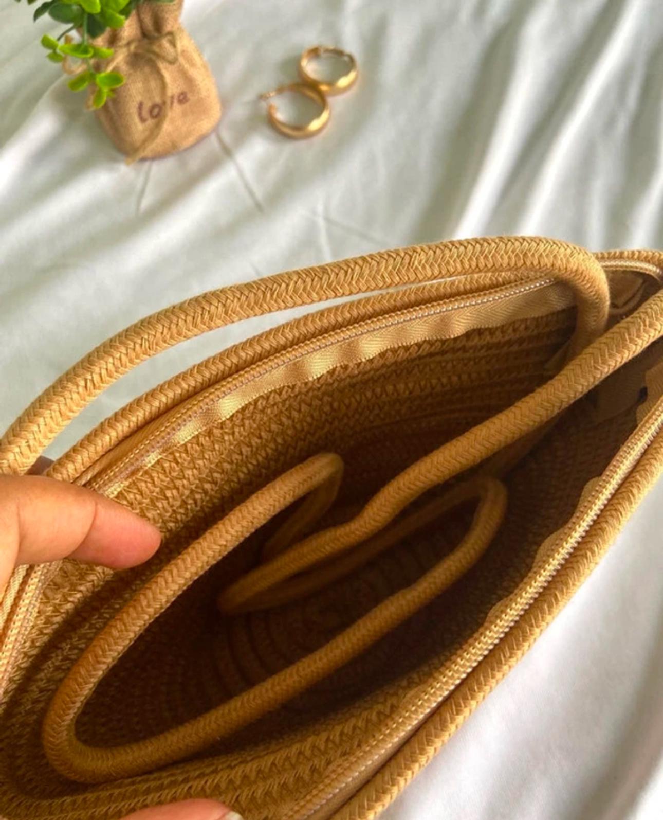 Jute Shoulder Bag – Brown; Floral Details