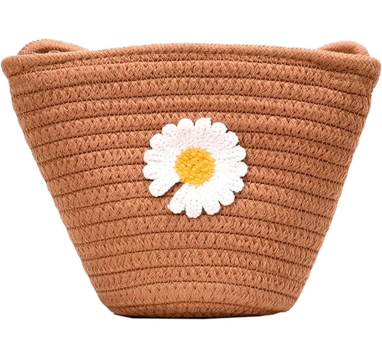 Jute Shoulder Bag – Brown; Floral Details
