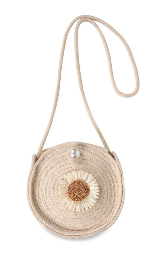 Round beige jute shoulder bag – Sunflower; pearl pattern