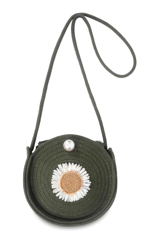Round Jute Shoulder Bag – Green &amp; Floral Details