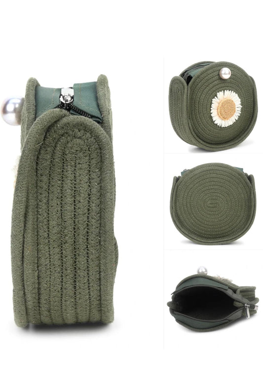 Round Jute Shoulder Bag – Green &amp; Floral Details