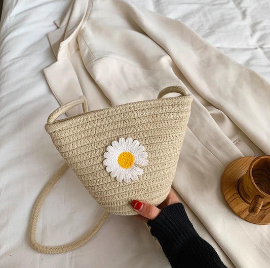 Jute Shoulder Bag – Beige ; Floral Details