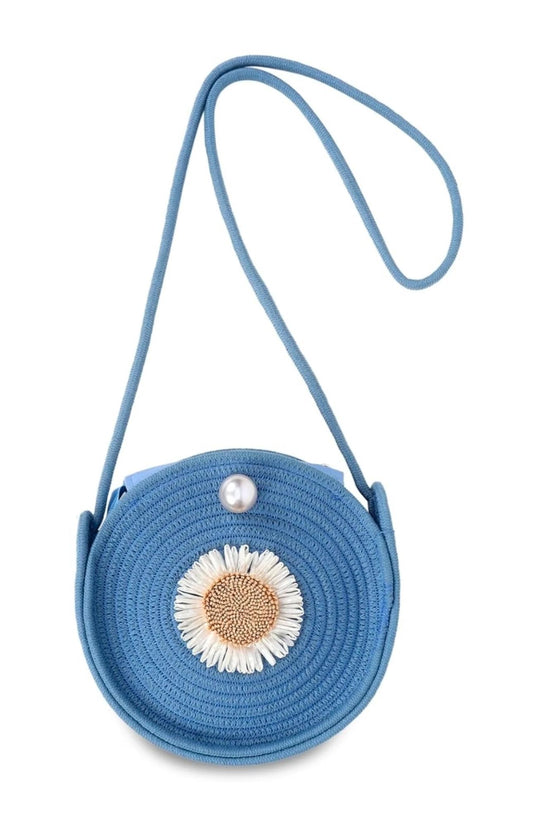 Round Jute Shoulder Bag – Sky Blue; Floral Details
