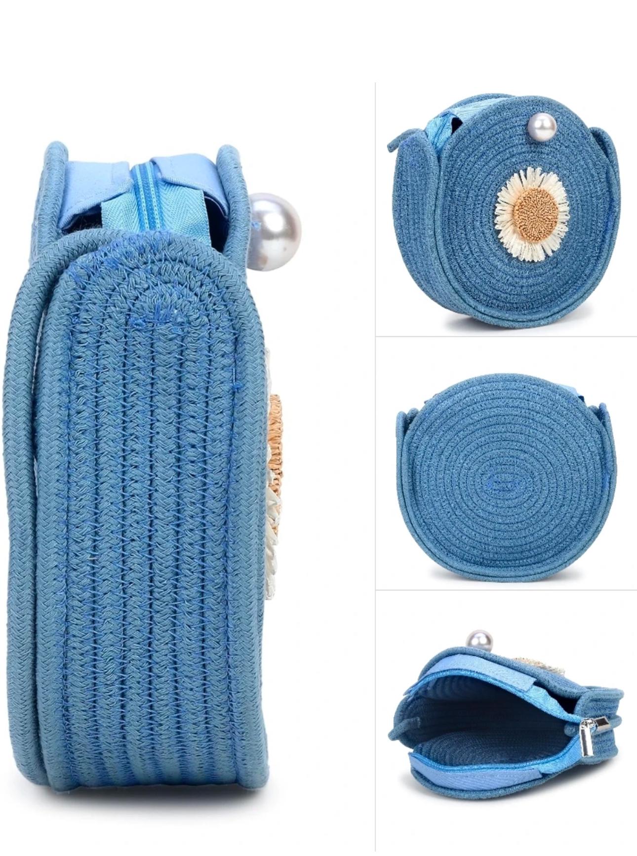 Round Jute Shoulder Bag – Sky Blue; Floral Details