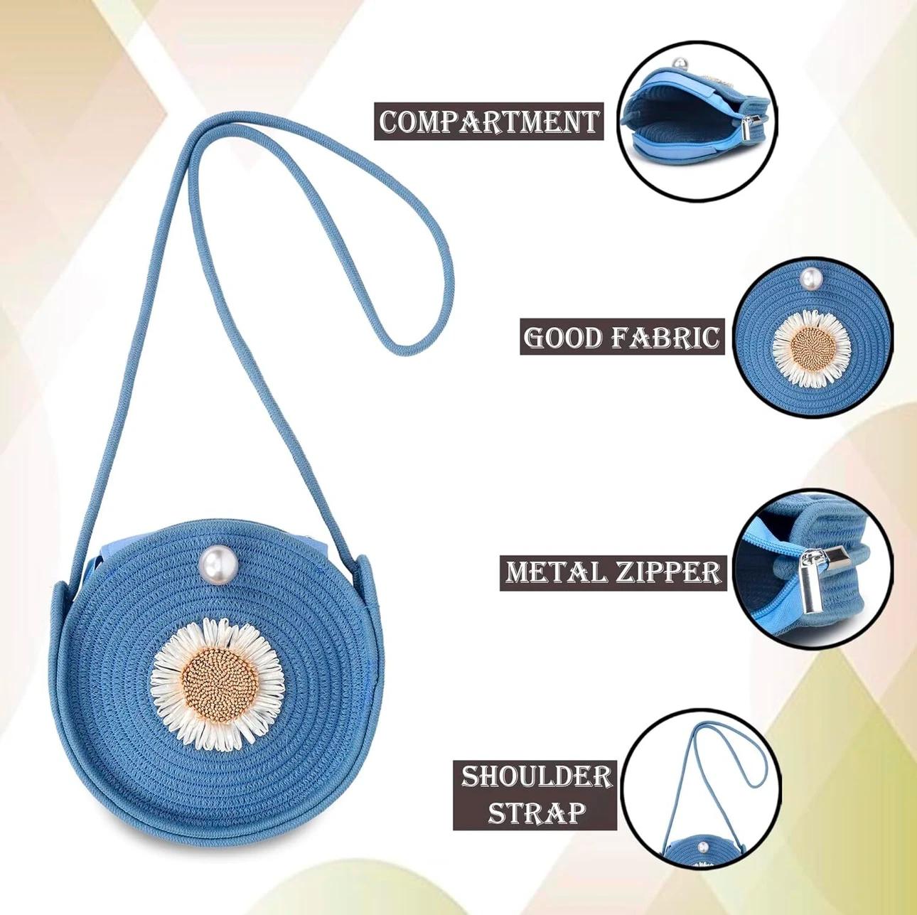 Round Jute Shoulder Bag – Sky Blue; Floral Details
