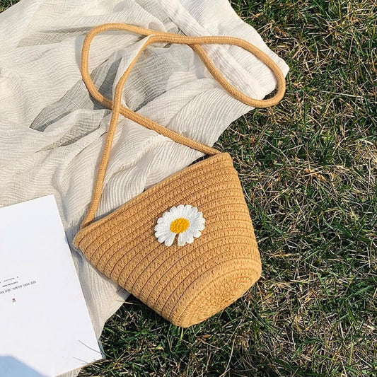 Jute Shoulder Bag – Brown; Floral Details
