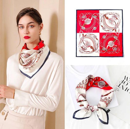 Red Multicolor Geometric Print Scarf – Satin Finish